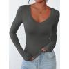 imagePRETTYGARDEN Long Sleeve Shirts for Women 2025 Fall Fashion V Neck Going Out Tops Slim Fit Basic Tees Y2K ClothesDark Grey
