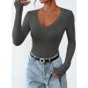 imagePRETTYGARDEN Long Sleeve Shirts for Women 2025 Fall Fashion V Neck Going Out Tops Slim Fit Basic Tees Y2K ClothesDark Grey