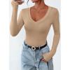 imagePRETTYGARDEN Long Sleeve Shirts for Women 2025 Fall Fashion V Neck Going Out Tops Slim Fit Basic Tees Y2K ClothesKhaki