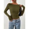 imagePRETTYGARDEN Long Sleeve Shirts for Women 2025 Fall Ruched Sides Boat Neck Basic Tee Casual Fitted Ribbed Knit Crop TopsArmy Green