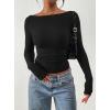 imagePRETTYGARDEN Long Sleeve Shirts for Women 2025 Fall Ruched Sides Boat Neck Basic Tee Casual Fitted Ribbed Knit Crop TopsBlack