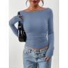 imagePRETTYGARDEN Long Sleeve Shirts for Women 2025 Fall Ruched Sides Boat Neck Basic Tee Casual Fitted Ribbed Knit Crop TopsBlue Grey