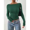 imagePRETTYGARDEN Long Sleeve Shirts for Women 2025 Fall Ruched Sides Boat Neck Basic Tee Casual Fitted Ribbed Knit Crop TopsDark Green