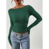 imagePRETTYGARDEN Long Sleeve Shirts for Women 2025 Fall Ruched Sides Boat Neck Basic Tee Casual Fitted Ribbed Knit Crop TopsDark Green