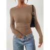 imagePRETTYGARDEN Long Sleeve Shirts for Women 2025 Fall Ruched Sides Boat Neck Basic Tee Casual Fitted Ribbed Knit Crop TopsKhaki