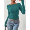 imagePRETTYGARDEN Long Sleeve Shirts for Women 2025 Fall Ruched Sides Boat Neck Basic Tee Casual Fitted Ribbed Knit Crop TopsLake Blue