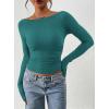 imagePRETTYGARDEN Long Sleeve Shirts for Women 2025 Fall Ruched Sides Boat Neck Basic Tee Casual Fitted Ribbed Knit Crop TopsLake Blue