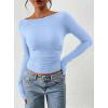 imagePRETTYGARDEN Long Sleeve Shirts for Women 2025 Fall Ruched Sides Boat Neck Basic Tee Casual Fitted Ribbed Knit Crop TopsLight Blue