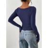 imagePRETTYGARDEN Long Sleeve Shirts for Women 2025 Fall Ruched Sides Boat Neck Basic Tee Casual Fitted Ribbed Knit Crop TopsNavy Blue