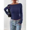 imagePRETTYGARDEN Long Sleeve Shirts for Women 2025 Fall Ruched Sides Boat Neck Basic Tee Casual Fitted Ribbed Knit Crop TopsNavy Blue