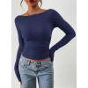 imagePRETTYGARDEN Long Sleeve Shirts for Women 2025 Fall Ruched Sides Boat Neck Basic Tee Casual Fitted Ribbed Knit Crop TopsNavy Blue