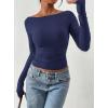 imagePRETTYGARDEN Long Sleeve Shirts for Women 2025 Fall Ruched Sides Boat Neck Basic Tee Casual Fitted Ribbed Knit Crop TopsNavy Blue