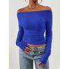 imagePRETTYGARDEN Long Sleeve Shirts for Women 2025 Fall Ruched Sides Boat Neck Basic Tee Casual Fitted Ribbed Knit Crop TopsRoyal Blue