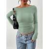 imagePRETTYGARDEN Long Sleeve Shirts for Women 2025 Fall Ruched Sides Boat Neck Basic Tee Casual Fitted Ribbed Knit Crop TopsSage Green