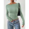 imagePRETTYGARDEN Long Sleeve Shirts for Women 2025 Fall Ruched Sides Boat Neck Basic Tee Casual Fitted Ribbed Knit Crop TopsSage Green