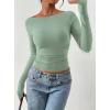imagePRETTYGARDEN Long Sleeve Shirts for Women 2025 Fall Ruched Sides Boat Neck Basic Tee Casual Fitted Ribbed Knit Crop TopsSage Green