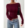 imagePRETTYGARDEN Long Sleeve Shirts for Women 2025 Fall Ruched Sides Boat Neck Basic Tee Casual Fitted Ribbed Knit Crop TopsWine Red