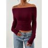 imagePRETTYGARDEN Long Sleeve Shirts for Women 2025 Fall Ruched Sides Boat Neck Basic Tee Casual Fitted Ribbed Knit Crop TopsWine Red