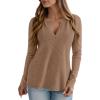 imagePRETTYGARDEN Long Sleeve Shirts for Women 2025 Fall V Neck Waffle Basic Tee Dressy Casual Winter Blouses Knit Tunic TopsKhaki