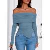 imagePRETTYGARDEN Off The Shoulder Tops for Women Fall Fashion 2025 Long Sleeve Shirts Going Out Slim Fitted Blouses Y2K ClothesGrey Blue