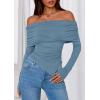 imagePRETTYGARDEN Off The Shoulder Tops for Women Fall Fashion 2025 Long Sleeve Shirts Going Out Slim Fitted Blouses Y2K ClothesGrey Blue