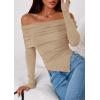 imagePRETTYGARDEN Off The Shoulder Tops for Women Fall Fashion 2025 Long Sleeve Shirts Going Out Slim Fitted Blouses Y2K ClothesKhaki