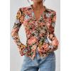imagePRETTYGARDEN Women Button Down Floral Shirts 2025 Fall Trendy Long Sleeve V Neck Ruched Fitted Mesh Blouse Tops Date OutfitsBlack Floral