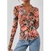 imagePRETTYGARDEN Women Button Down Floral Shirts 2025 Fall Trendy Long Sleeve V Neck Ruched Fitted Mesh Blouse Tops Date OutfitsBlack Floral