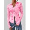 imagePRETTYGARDEN Women Button Down Floral Shirts 2025 Fall Trendy Long Sleeve V Neck Ruched Fitted Mesh Blouse Tops Date OutfitsPink
