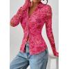 imagePRETTYGARDEN Women Button Down Floral Shirts 2025 Fall Trendy Long Sleeve V Neck Ruched Fitted Mesh Blouse Tops Date OutfitsPink Red Floral