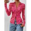 imagePRETTYGARDEN Women Button Down Floral Shirts 2025 Fall Trendy Long Sleeve V Neck Ruched Fitted Mesh Blouse Tops Date OutfitsPink Red Floral