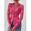 imagePRETTYGARDEN Women Button Down Floral Shirts 2025 Fall Trendy Long Sleeve V Neck Ruched Fitted Mesh Blouse Tops Date OutfitsPink Red Floral