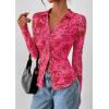 imagePRETTYGARDEN Women Button Down Floral Shirts 2025 Fall Trendy Long Sleeve V Neck Ruched Fitted Mesh Blouse Tops Date OutfitsPink Red Floral