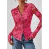 imagePRETTYGARDEN Women Button Down Floral Shirts 2025 Fall Trendy Long Sleeve V Neck Ruched Fitted Mesh Blouse Tops Date OutfitsPink Red Floral