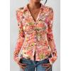 imagePRETTYGARDEN Women Button Down Floral Shirts 2025 Fall Trendy Long Sleeve V Neck Ruched Fitted Mesh Blouse Tops Date OutfitsRed Pink