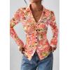 imagePRETTYGARDEN Women Button Down Floral Shirts 2025 Fall Trendy Long Sleeve V Neck Ruched Fitted Mesh Blouse Tops Date OutfitsRed Pink