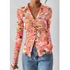 imagePRETTYGARDEN Women Button Down Floral Shirts 2025 Fall Trendy Long Sleeve V Neck Ruched Fitted Mesh Blouse Tops Date OutfitsRed Pink
