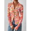 imagePRETTYGARDEN Women Button Down Floral Shirts 2025 Fall Trendy Long Sleeve V Neck Ruched Fitted Mesh Blouse Tops Date OutfitsRed Pink