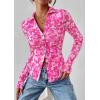 imagePRETTYGARDEN Women Button Down Floral Shirts 2025 Fall Trendy Long Sleeve V Neck Ruched Fitted Mesh Blouse Tops Date OutfitsRose Pink