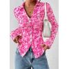 imagePRETTYGARDEN Women Button Down Floral Shirts 2025 Fall Trendy Long Sleeve V Neck Ruched Fitted Mesh Blouse Tops Date OutfitsRose Pink