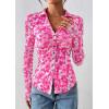 imagePRETTYGARDEN Women Button Down Floral Shirts 2025 Fall Trendy Long Sleeve V Neck Ruched Fitted Mesh Blouse Tops Date OutfitsRose Pink