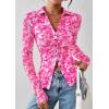 imagePRETTYGARDEN Women Button Down Floral Shirts 2025 Fall Trendy Long Sleeve V Neck Ruched Fitted Mesh Blouse Tops Date OutfitsRose Pink
