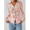 imagePRETTYGARDEN Women Button Down Floral Shirts 2025 Fall Trendy Long Sleeve V Neck Ruched Fitted Mesh Blouse Tops Date OutfitsWhite Pink Floral