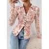 imagePRETTYGARDEN Women Button Down Floral Shirts 2025 Fall Trendy Long Sleeve V Neck Ruched Fitted Mesh Blouse Tops Date OutfitsWhite Pink Floral