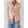 imagePRETTYGARDEN Women Button Down Floral Shirts 2025 Fall Trendy Long Sleeve V Neck Ruched Fitted Mesh Blouse Tops Date OutfitsWhite Pink Floral