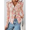 imagePRETTYGARDEN Women Button Down Floral Shirts 2025 Fall Trendy Long Sleeve V Neck Ruched Fitted Mesh Blouse Tops Date OutfitsWhite Pink Floral