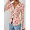 imagePRETTYGARDEN Women Button Down Floral Shirts 2025 Fall Trendy Long Sleeve V Neck Ruched Fitted Mesh Blouse Tops Date OutfitsWhite Pink Floral