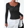 imagePRETTYGARDEN Womens 2025 Fall Long Sleeve Henley T Shirts Button Ribbed Knit Slim Fit Basic Tops Blouse Casual Outfits01 Small Polka Dot Black