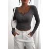 imagePRETTYGARDEN Womens 2025 Fall Long Sleeve Henley T Shirts Button Ribbed Knit Slim Fit Basic Tops Blouse Casual OutfitsDark Grey
