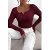imagePRETTYGARDEN Womens 2025 Fall Long Sleeve Henley T Shirts Button Ribbed Knit Slim Fit Basic Tops Blouse Casual OutfitsWine Red
